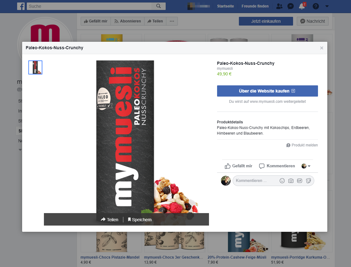 Screenshot mymuesli Facebook-Shop