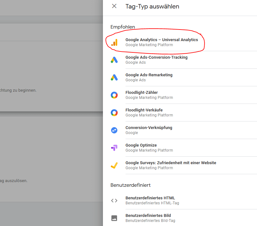 Screenshot Einrichtung Tag Manager in Google Analytics