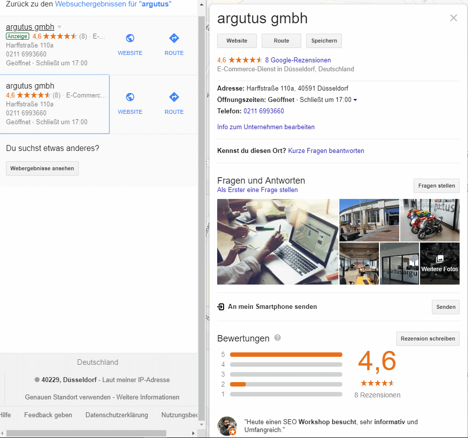 Screenshot Google My Business Eintrag von argutus